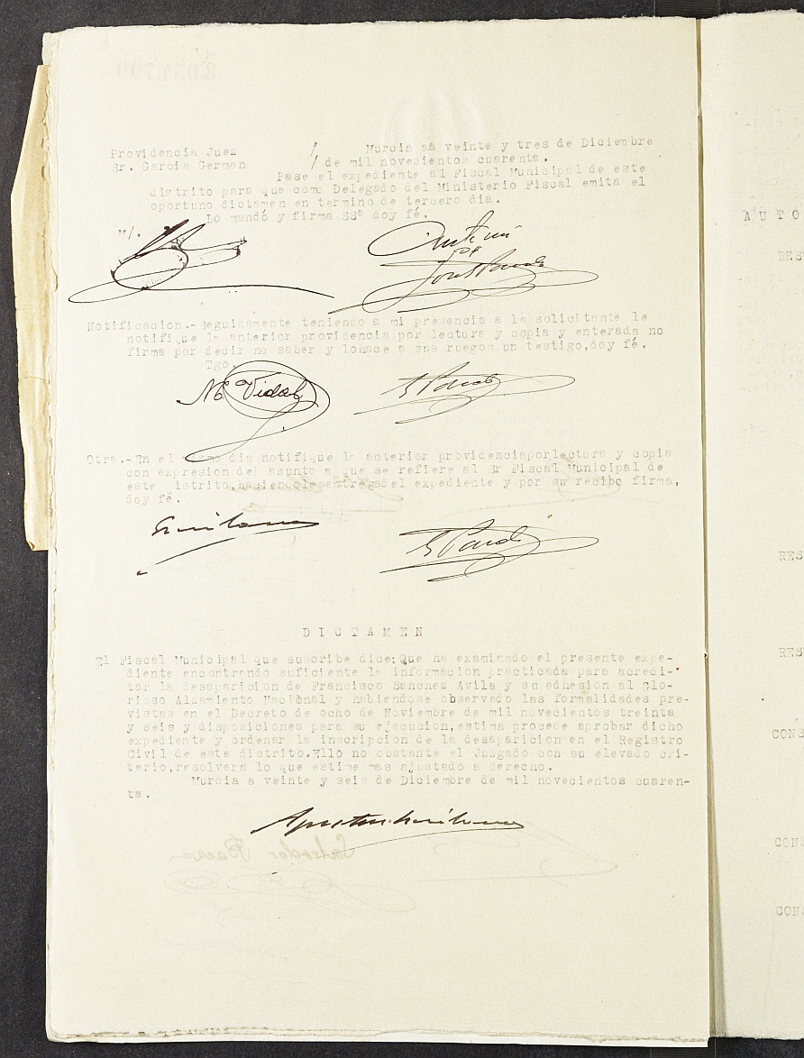 Expediente nº 101/1940 del Juzgado de Primera Instancia de Murcia para la inscripción en el Registro Civil por la desaparición en el frente de Francisco Sánchez Ávila.
